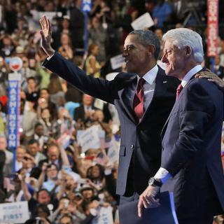 Barack Obama et Bill Clinton, à la Convention démocrate à Charlotte, le 5 septembre 2012. [Pablo Martinez Monsivais]