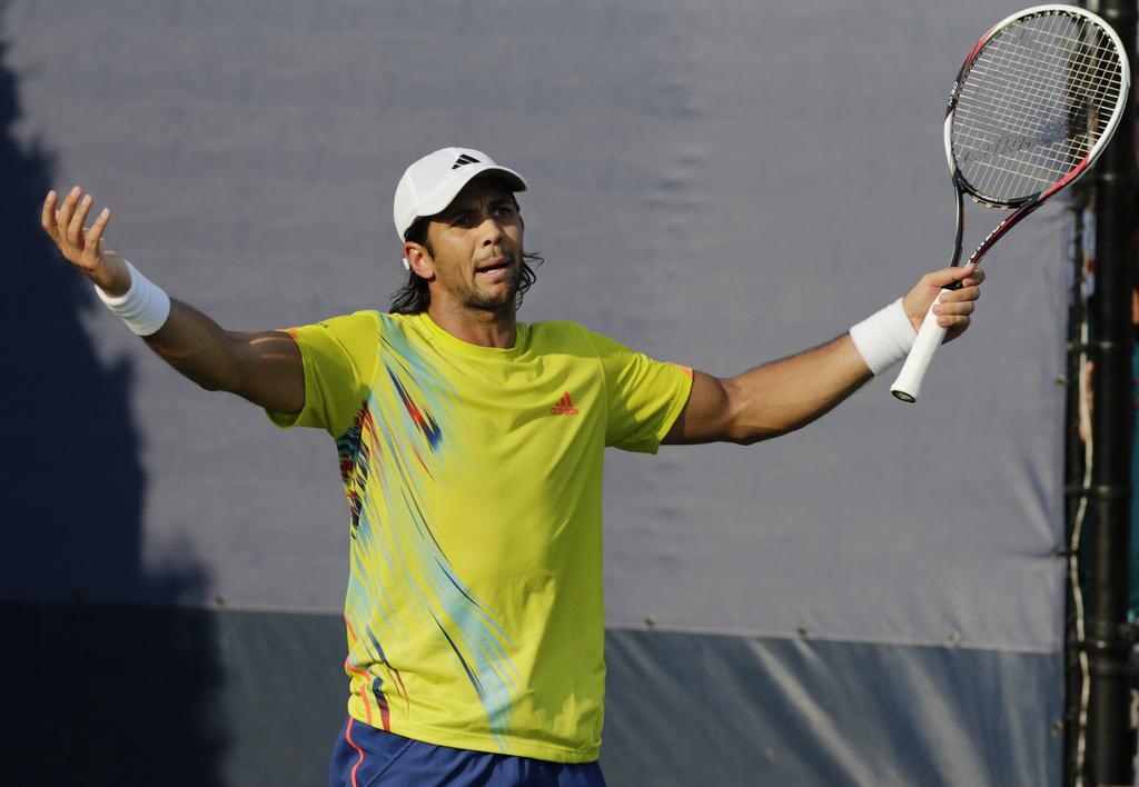 Spain's Fernando Verdasco reacts during a match against Spain's Albert Ramos in the second round of play at the 2012 US Open tennis tournament, Thursday, Aug. 30, 2012, in New York. (AP Photo/Charles Krupa) [Charles Krupa]
