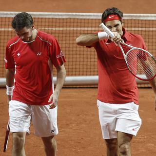 Roger Federer et Stanislas Wawrinka ont perdu en double face aux Etats-Unis, le 11 février 2011. [Peter Klaunzer]