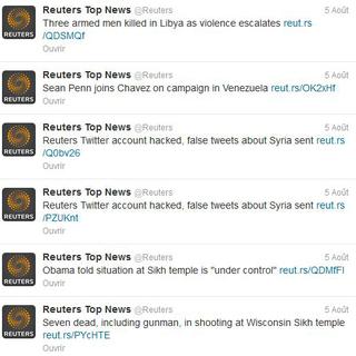 Reuters a annoncé que l'un de ses comptes Twitter avait été piraté. [www.twitter.com]
