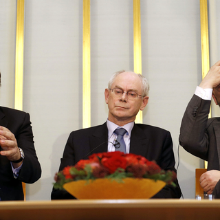 Les représentants des trois institutions européennes, José Manuel Barroso, Herman van Rompuy et Martin Schultz, dimanche 09.12.2012 à Oslo. [Suzanne Plunkett]