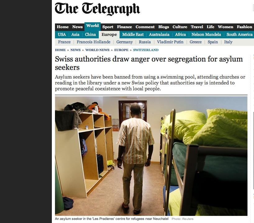 "Les autorités suisses soumettent les requérants d'asile à la ségrégation et suscitent la colère", a titré The Telegraph. [The Telegraph (capture)]