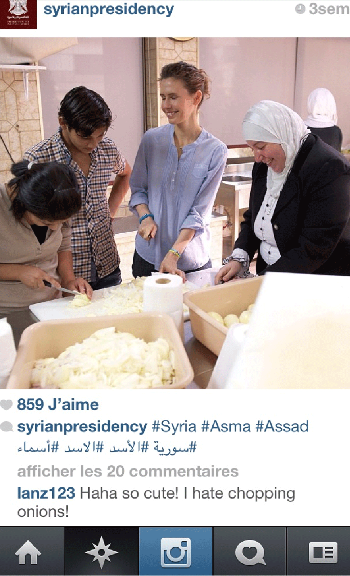 Asma, la première dame, coupe des oignons sur le compte instagram de Bachar al-Assad. [instagram]