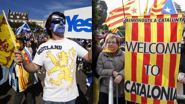 A gauche, un militant pour l'indépendance de l'Écosse lors d'une manifestation à Edimbourg le 22 septembre 2012. A droite, des manifestants pour l'indépendance de la Catalogne dressent des drapeaux catalans à Barcelone le 23 janvier 2013. (Photomontage).
