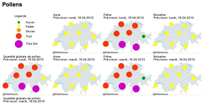 MétéoSuisse renseigne sur la concentration pollinique en Suisse, selon les types de pollens les plus allergènes.