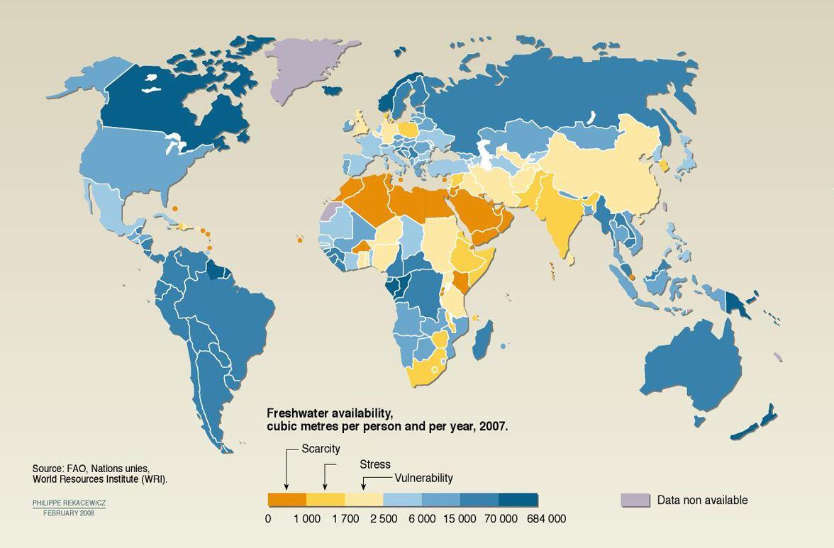 Une carte de l'ONU montrant l'accessibilité à l'eau. [FAO, Nation unies, World Resources Institute]