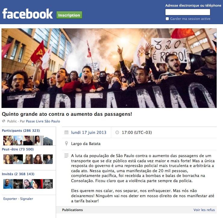 La page Facebook de la manifestation du 17 juin à Sao Paulo.