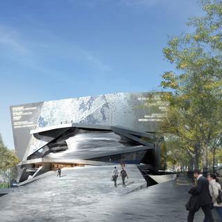 Visuel du futur bâtiment de la Philharmonie de Paris. Vue de la porte de Pantin. [Jean Nouvel – Arte Factory]