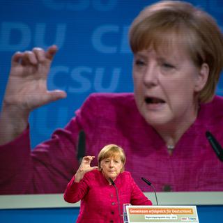Angela Merkel lors de son discours de campagne lundi. [Johannes Eisele]
