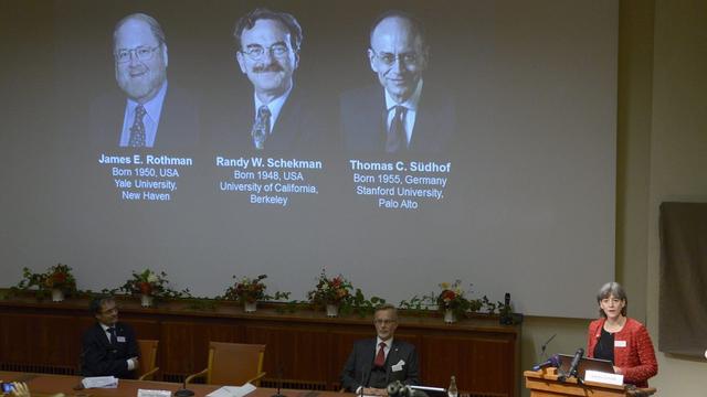 James Rothman, Randy Schekman et Thomas Suedhof récompensés par le prix Nobel de médecine. [AP Photo/ TT News Agency Janerik Henriksson]
