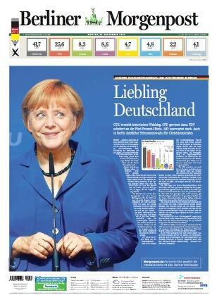 Dans la Berliner Zeitung: Angela Merkel, sourire malicieux, regard en coin, avec ce titre: "La chérie de l'Allemagne". [Twitter]