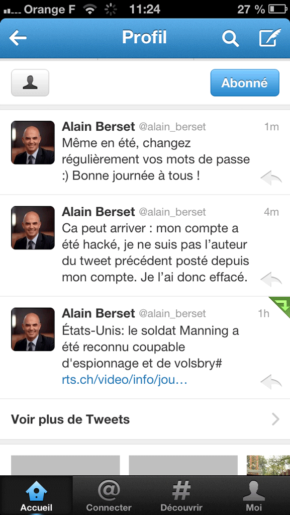 Le compte Twitter du conseiller Alain Berset a été piraté. [Twitter]