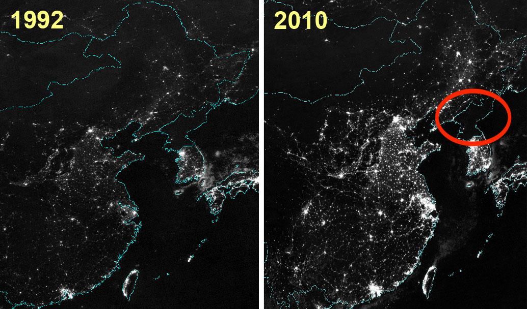 Les images satellites nocturnes de l'Asie de l'est en 1992 et 2010 montrent un très faible développement urbains en Corée du Nord. [businessinsider.com]