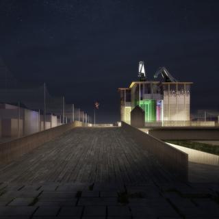 Image de synthèse d'une vue de nuit du Pavillon suisse Expo Milano 2015. [Présence Suisse/Nightnurse]