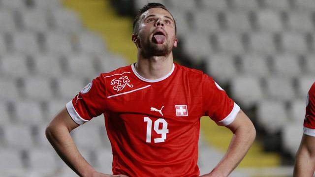 Haris Seferovic of Switzerland reacts after losing a chance to score against Cyprus during the group E, 2014 World Cup qualifying soccer match at GSP stadium in Nicosia, Cyprus, Saturday, March 23, 2013. The game ended 0-0. (AP Photo/Petros Karadjias) [KEYSTONE - Petros Karadjias]