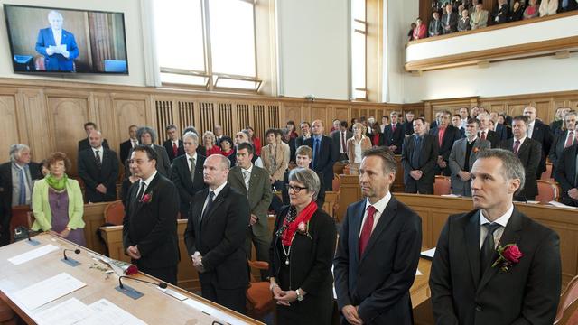 Prestation de serment du nouveau Conseil d'Etat neuchâtelois, ce mardi 38 mai 2013. [Sandro Campardo]