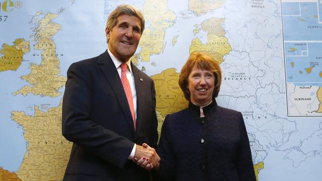 Le secrétaire d'Etat américain John Kerry et la chef de la diplomatie européenne Catherine Ashton, ce vendredi 8 novembre à Genève. [Jason Reed]