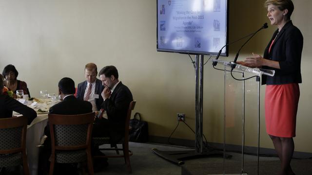 Simonetta Sommaruga s'exprime lors d'une réunion des ministres aux Nations unies. [AP Photo/Seth Wenig]