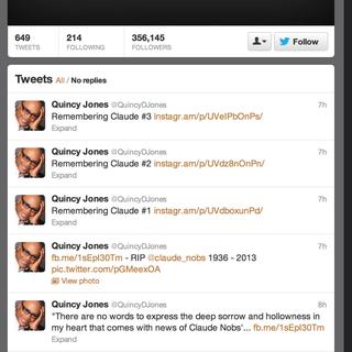 Capture d'écran du fil Twitter de Quincy Jones suite à l'annonce du décès de Claude Nobs. [DR]