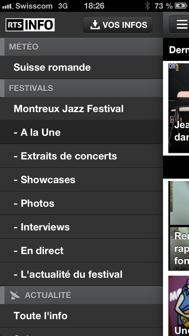 Application mobile RTSinfo pour les festivals 2013: menu sous iOS