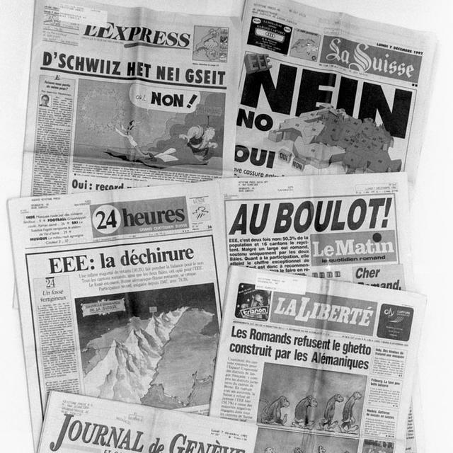 Quelques journaux romands au lendemain du refus par le peuple suisse d'entrer dans l'EEE. 7 décembre 1992. [STR]