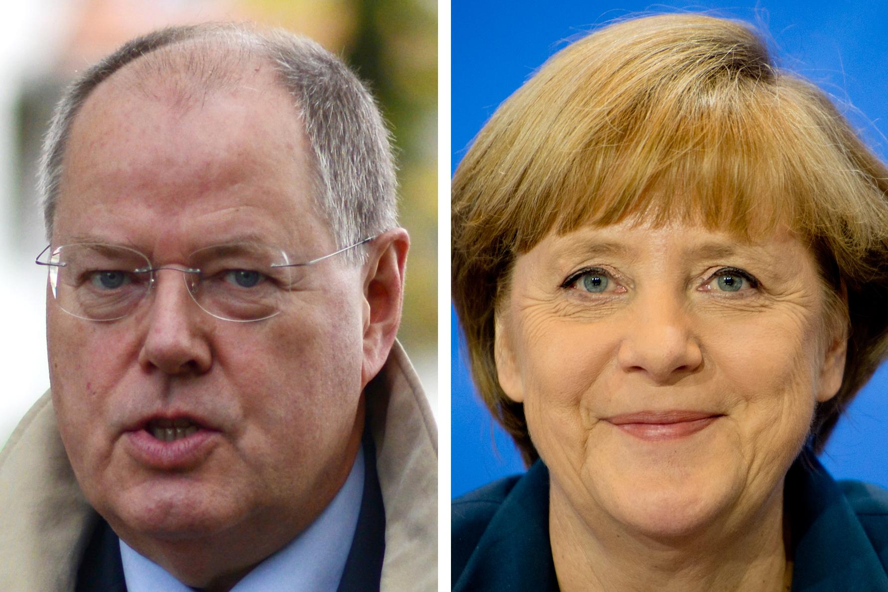 Peer Steinbrück ou Angela Merkel, qui occupera la chancellerie en 2014? [AFP - Johannes Eisele]