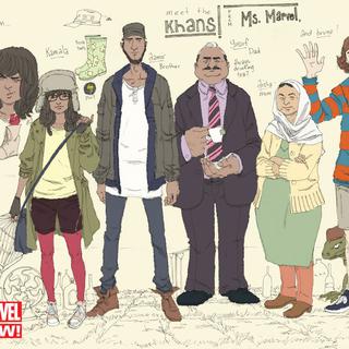 Une image de la nouvelle série de comics Ms. Marvel, dans laquelle figure Kamala Khan (deuxième à gauche), une jeune fille musulmane, dotée de super-pouvoirs. [Marvel Comnics]