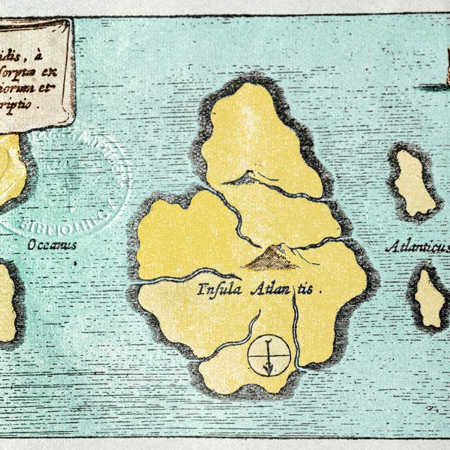 Carte localisant l'île légendaire de l'Atlantide, d'après le Mundus Subterraneus de Athanase Kircher, 17e siècle. [Costa / Leemage / AFP]