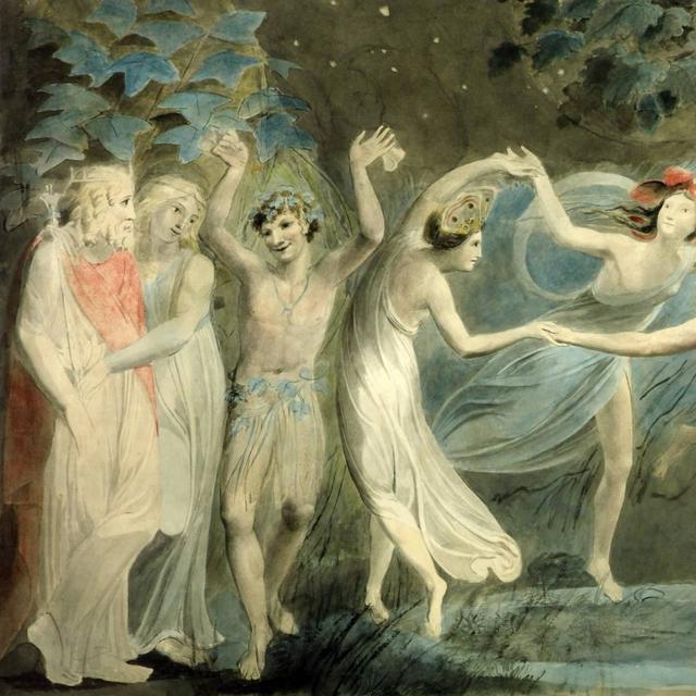 Oberon, Titania et Puck avec les fées dansantes (Songe d'une nuit d'été, Shakespeare). William Blake. c.1786 [wikipedia]