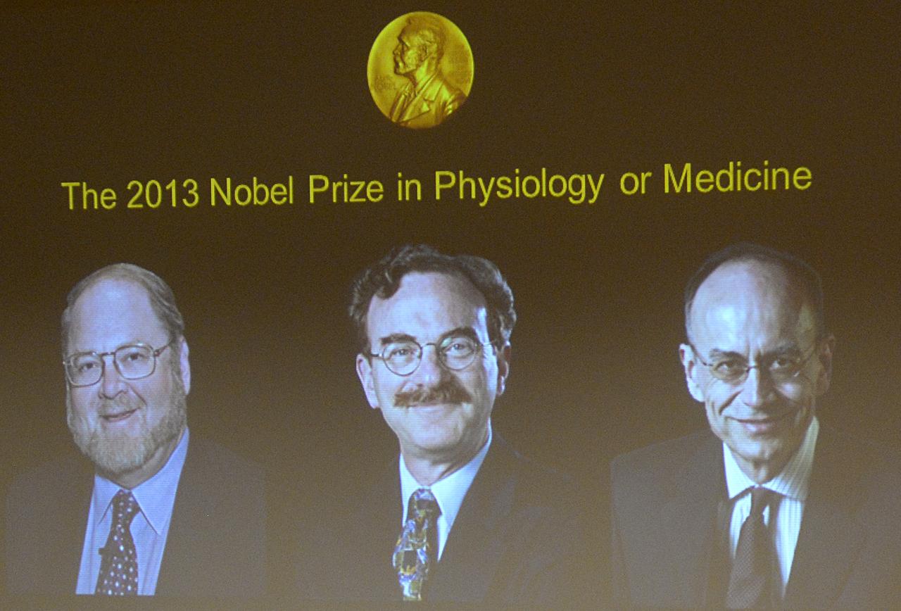 L'écran sur lequel se sont affichés les visages des prix Nobel de médecine 2013: Rothman (g.), Schekman (c.) et Südhof (d.). [Jonathan Nackstrand]