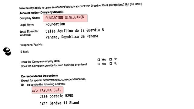 Ce document d'ouverture de compte, datant de 2005, correspond au moment où les fonds de Luis Bárcenas - récemment élu sénateur - passent sous contrôle de Sinequanon, une fondation basée au Panama. Il y est indiqué que Favona SA, à Genève, gère l'administration de la fondation. Sinequanon est elle-même contrôlée par une société basée au Bermudes: Impala Limited.