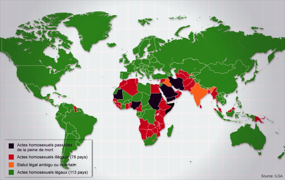 Carte montrant les pays où l'homosexualité est illégale.