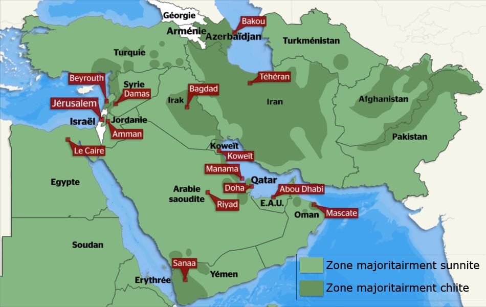 Carte des zones sunnites et chiites au Moyen-Orient.