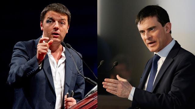 Matteo Renzi (à gauche) et Manuel Valls (à droite). [AP/Keystone - Marco Alpozzi/Christophe Ena]