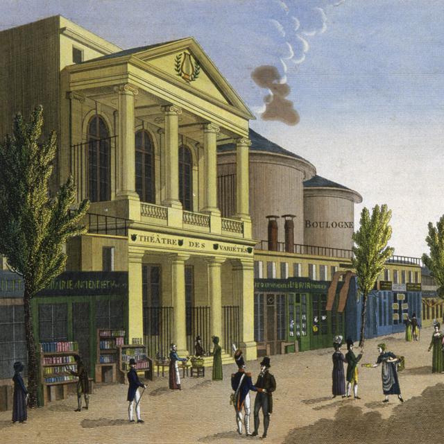 Gravure de Courvoisier représentant le Théâtre des Variétés et les grands boulevards à Paris, vers 1820.