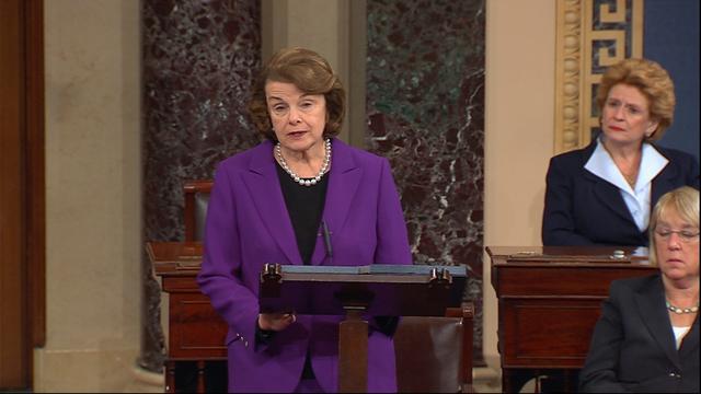 La démocrate californienne Dianne Feinstein, présidente de la commission du Renseignement dévoile au Sénat le contenu du rapport. [AP Photo/Senate Television]