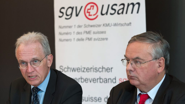 Le directeur de l'USAM Hans-Ulrich Bigler et son président Jean-François Rime. [Keystone - Lukas Lehmann]