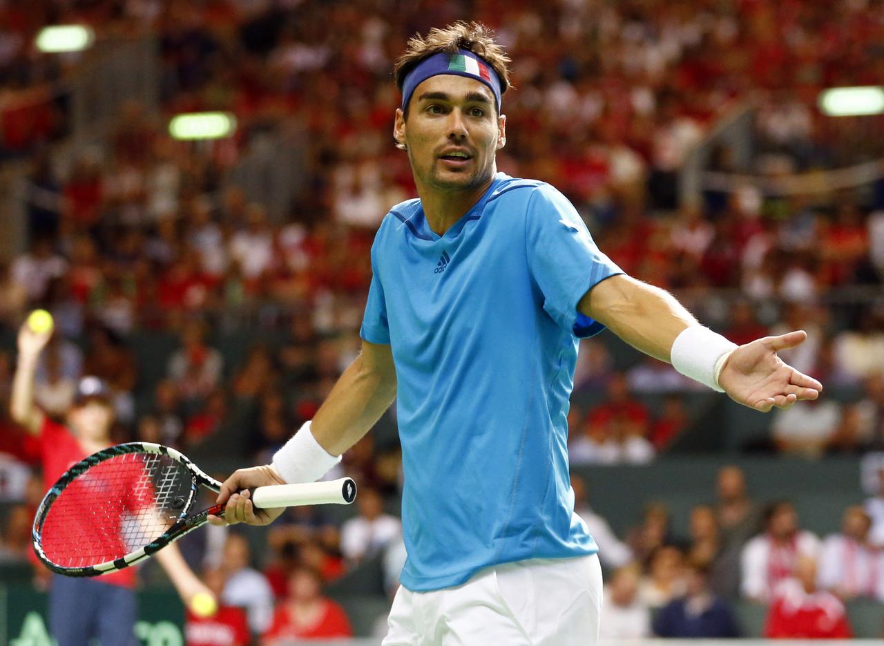 Italy's Fabio Fognini reacts during his Davis Cup semi-final tennis match against Switzerland's Roger Federer at the Palexpo in Geneva September 14, 2014. REUTERS/Denis Balibouse (SWITZERLAND - Tags: SPORT TENNIS) [REUTERS - Denis Balibouse]