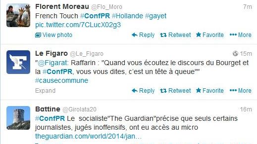 Plus de 110'000 messages avec le mot clef #confPR ont été postés pendant la conférence de presse de François Hollande. [Twitter]