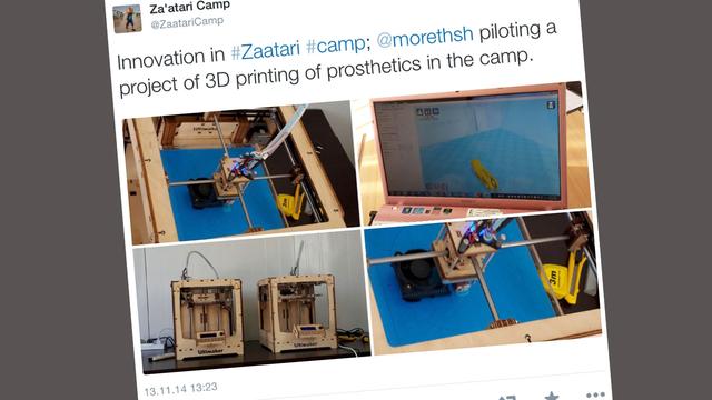 Un tweet de @zaatariCamp sur les essais d'une imprimante 3D pour les prothèses. [Tweeter]