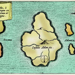 Carte localisant l'île légendaire de l'Atlantide (Atlantis) - d'après le Mundus Subterraneus de Athanase Kircher (ou Athanasius Kircheri), 17e siècle. [Fototeca / Leemage /AFP]