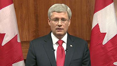 Le Premier ministre canadien Stephen Harper, lors de son allocution. [AP Photo/APTN]