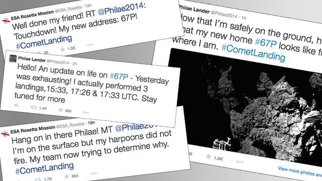 La sonde Rosetta et le robot Philae se sont envoyés de nombreux messages sur Twitter, pour le plus grand plaisir des internautes. [RTS]