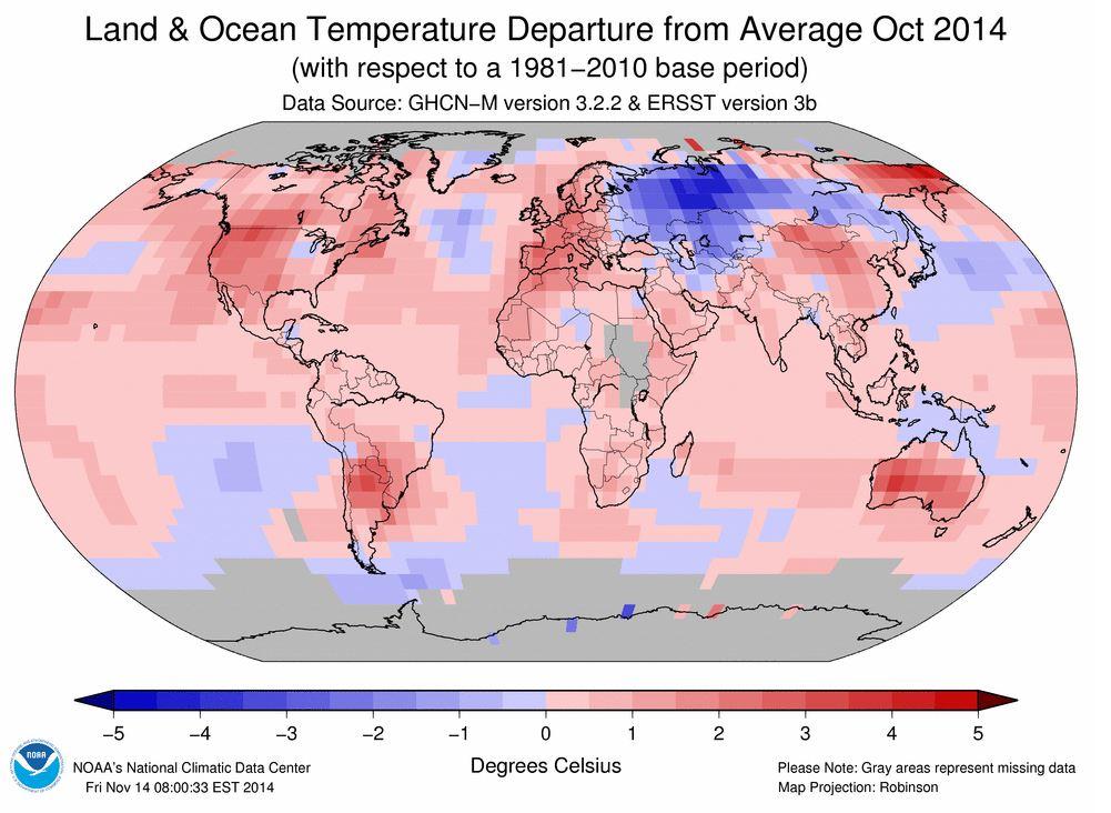 Les chiffres de l'Agence américaine océanique et atmosphérique (NOAA) montrent des températures supérieures à la moyenne. [NOAA]