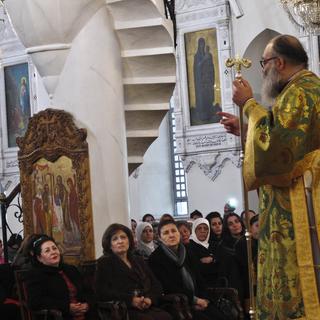 Sermon du patriarche de l'Eglise orthodoxe grecque au Levant, dans l'église Mariamiya de Damas, le 8 décembre 2013. [AP Photo - Lee Keath]