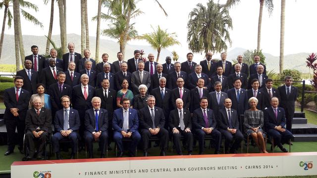 Les ministres des Finances et dirigeants des banques centrales au G20 à Cairns (Australie) le 20 septembre 2014. [Reuters - Lincoln Feast]