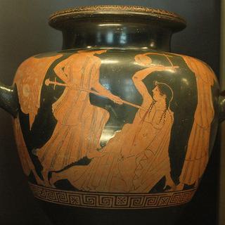 Mort d'Orphée, stamnos à figures rouges d'Hermonax, Ve siècle av. J.-C., musée du Louvre (G 416). [DP]