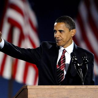 Barack Obama au moment de son discours victorieux à Chicago, la nuit du 4 au 5 novembre 2008. [Keystone]
