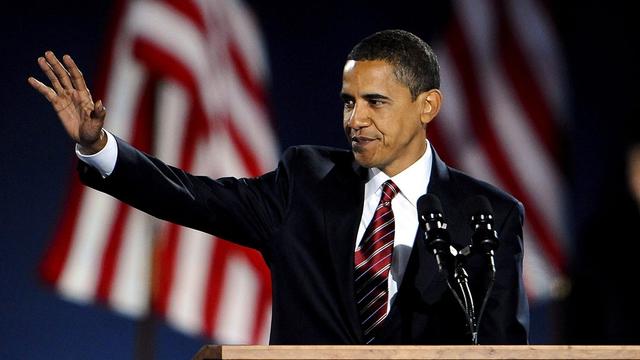 Barack Obama au moment de son discours victorieux à Chicago, la nuit du 4 au 5 novembre 2008. [Keystone]