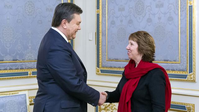 Catherine Ashton a été reçue mercredi par le président ukrainien Viktor Ianoukovitch. [Andriy Mosienko/Presidential press service pool]